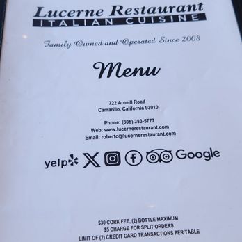 Lucerne Restaurant - Dinner time - Italian Near Me - Camarillo, California