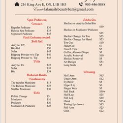 Lala Nails & Beauty Bar - Recently Menu