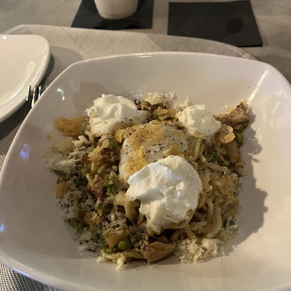 Cena Hammond - Mushroom Carbonara with Parmesan foam, crispy Parmesan , and grated Parmesan with a sous vide egg yolk - Italian Near Me - Hammond, Louisiana Cena Hammond - Mushroom Carbonara with Parmesan foam, crispy Parmesan , and grated Parmesan with a sous vide egg yolk - Italian Near Me - Hammond, Louisiana