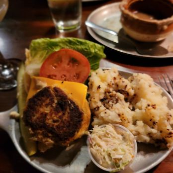 Horsefeathers - Delicious crab cake sandwich with garlic mashed potatoes. - American Near Me - Tarrytown, New York Horsefeathers - Delicious crab cake sandwich with garlic mashed potatoes. - American Near Me - Tarrytown, New York
