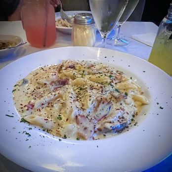 Cafe Assisi - The Penne alla Carbonara is to die for- I had jumbo shrimp added to mine for eye-rolling tastiness! - Italian Near Me - Wrentham, Massachusetts