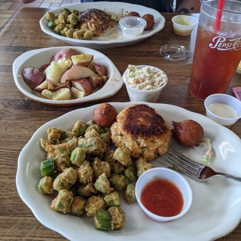 Cackalacky Fish - Crab cake, blackened snapper, fried okra, hush puppies. - Seafood Near Me - Myrtle Beach, South Carolina Cackalacky Fish - Crab cake, blackened snapper, fried okra, hush puppies. - Seafood Near Me - Myrtle Beach, South Carolina