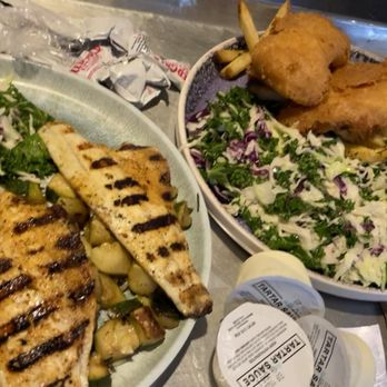 California Fish Grill - Grilled barramundi, 3 piece "fish and chips". - Seafood Near Me - Long Beach, California California Fish Grill - Grilled barramundi, 3 piece "fish and chips". - Seafood Near Me - Long Beach, California