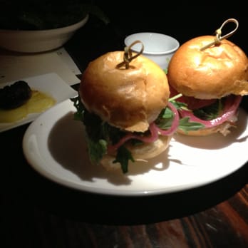 The Alembic - Pork belly sliders, smoked honey mustard, pickles, mizuna ($5) - 4 stars - New American Near Me - San Francisco, California The Alembic - Pork belly sliders, smoked honey mustard, pickles, mizuna ($5) - 4 stars - New American Near Me - San Francisco, California