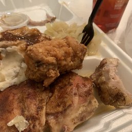 Baked chicken, fried chicken cabbage and mashed potatoes with gravy