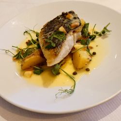 Six Portland Road - Fillet of Bass, Crushed Potatoes & Sauce Grenobloise.