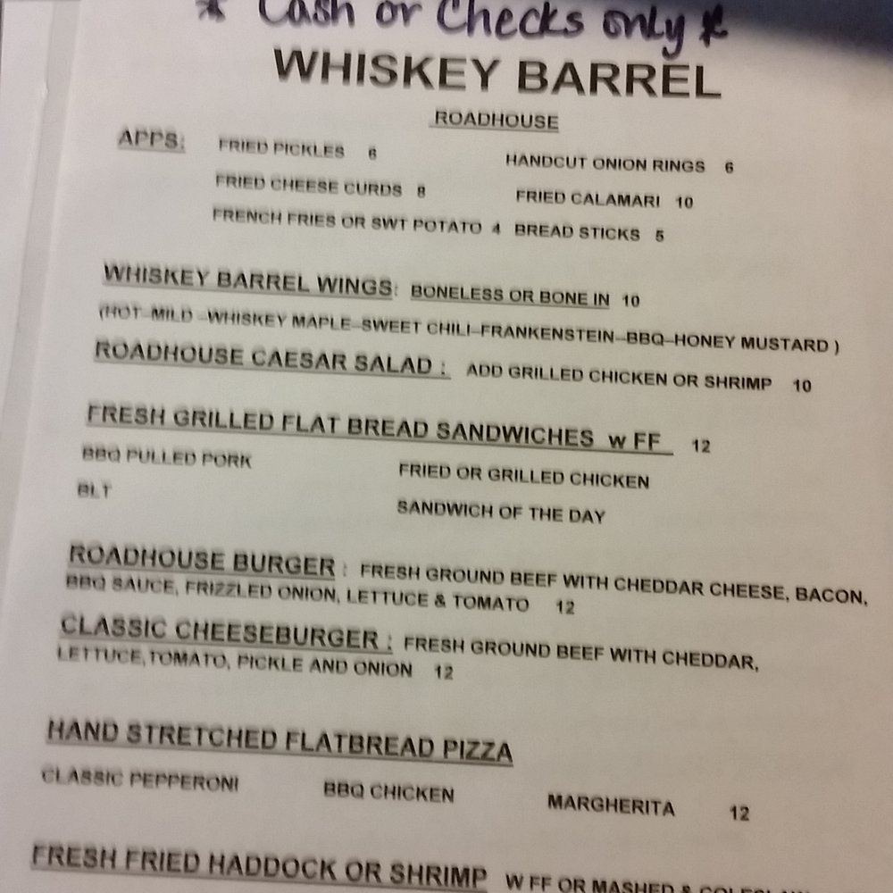 Menu front the whiskey barrel restaurant.