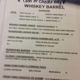 Menu front the whiskey barrel restaurant. Menu front the whiskey barrel restaurant.