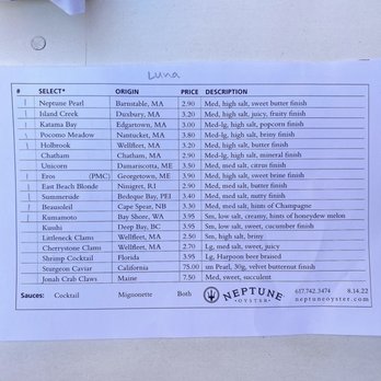 Neptune Oyster - The oyster menu from 8/14/2022 - Seafood Near Me - Boston, Massachusetts