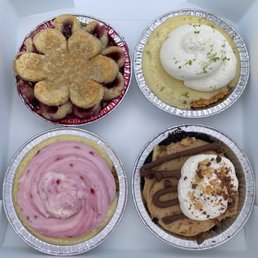 Quad pies ($19.50). Triple Berry (upper left), Key Lime (upper right), raspberry lemon (bottom left), peanut butter chocolate (bottom right)