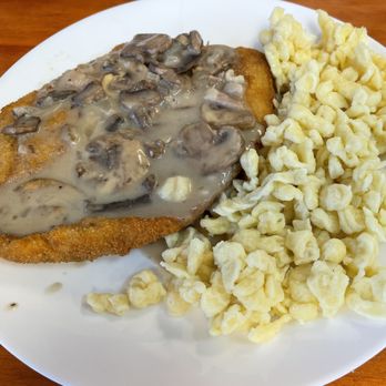 Bratzeit - Jäegerschnitzel & one side (single $12, or two for $19). We chose the Spatzle as our side. - German Near Me - Dahlonega, Georgia Bratzeit - Jäegerschnitzel & one side (single $12, or two for $19). We chose the Spatzle as our side. - German Near Me - Dahlonega, Georgia
