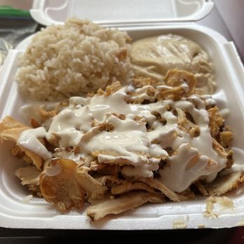 Madonna's Mediterranean Cuisine - Rice pilaf, hummus, chicken shawarma with garlic sauce (pita on the side). - Mediterranean Near Me - Pittsburgh, Pennsylvania