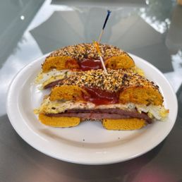 Pork Roll, egg and cheese on an everything egg bagel / salt, pepper + ketchup Pork Roll, egg and cheese on an everything egg bagel / salt, pepper + ketchup