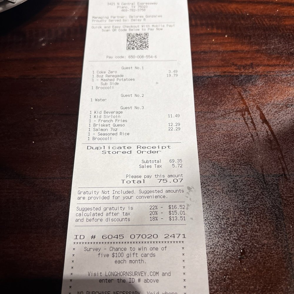LongHorn Steakhouse - Receipt - Steakhouses Near Me - Plano, Texas LongHorn Steakhouse - Receipt - Steakhouses Near Me - Plano, Texas