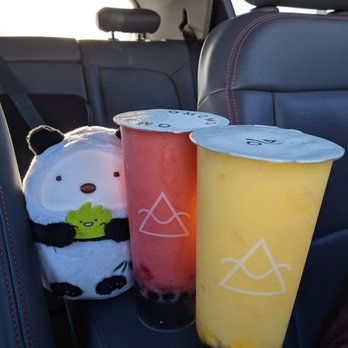 OMOMO Tea Shoppe - (left to right) car friendo, strawberry "tornado", mango "tornado" (both drinks with no cheese foam) - Coffee & Tea Near Me - Irvine, California