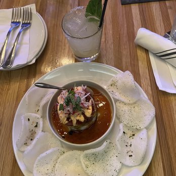 Moxies - Tuna Tower appetizer, pineapple basil margarita. - Cocktail Bars Near Me - Houston, Texas