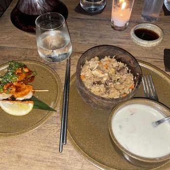 Funky Geisha Tulum - Mixed fried rice, shrimp skewer and soup. - Asian Fusion Near Me - Tulum, ROO