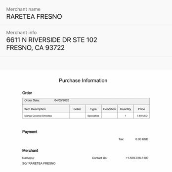 RareTea - Charged $7.50 for a Mango Coconut Smootea without being asked, even though I ordered the Mango Coconut + Noodle drink. - Bubble Tea Near Me - Fresno, California RareTea - Charged $7.50 for a Mango Coconut Smootea without being asked, even though I ordered the Mango Coconut + Noodle drink. - Bubble Tea Near Me - Fresno, California
