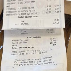 Safeway - 3/21/2025: I forgot buying VIVA Paper Towels, organic potatoes, organic carrots, bleach, etc.
