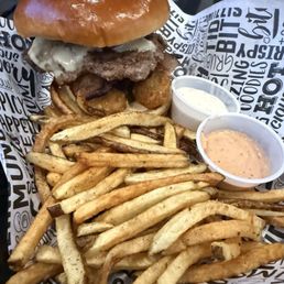 Wild West Burger, hand cut fries , ranch and fry / house sauce