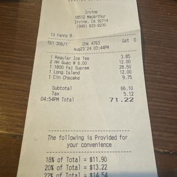 El Torito - The receipt of visit - Mexican Near Me - Irvine, California
