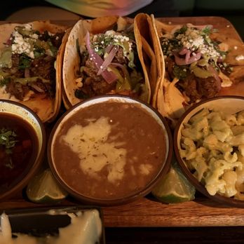 Tulum - Birria Tacos, poblano macaroni and cheese, and refried beans. - Mexican Near Me - Daphne, Alabama