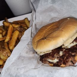 It's a double burger with American cheese It's a double burger with American cheese