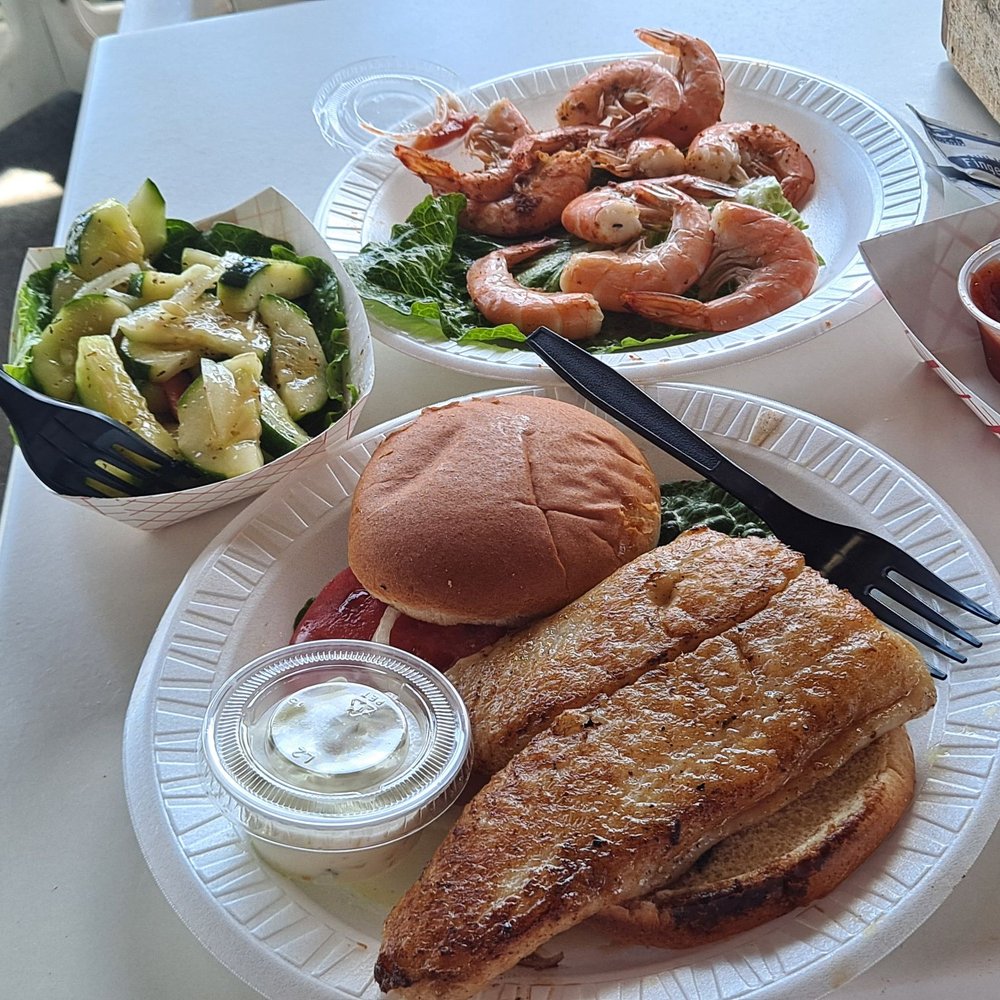 Provision Company - Cuke Salad, Grilled Grouper Sammy and steamed shrimp....great combo! - Seafood Near Me - Holden Beach, North Carolina