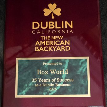 Box World Shipping Center - City of Dublin Honors BOX WORLD with commemorative Plaque for 35 years of Business Excellence in Dublin Ca. - Shipping Centers Near Me - Dublin, California Box World Shipping Center - City of Dublin Honors BOX WORLD with commemorative Plaque for 35 years of Business Excellence in Dublin Ca. - Shipping Centers Near Me - Dublin, California