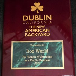 Box World Shipping Center - City of Dublin Honors BOX WORLD with commemorative Plaque for 35 years of Business Excellence in Dublin Ca.