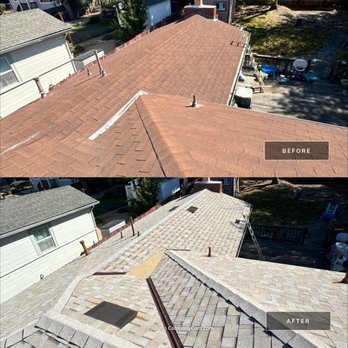 Symplify Roofing - 1 Before & After - The image features two aerial views of the same residential roof, with the top showing the roof before re-shingling using older, reddish-brown asphalt shingles, and the bottom displaying the roof after re-shingling with new, light gray asphalt shingles. The photos focus on the roof's surface, including vents and a skylight, illustrating the roofing replacement process. The background includes neighboring houses, trees, and a backyard deck with toys. - Roofing Near Me - Walnut Creek, California
