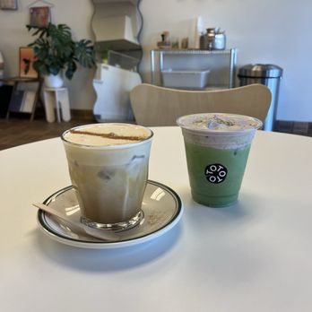Tot Coffee - tot cream latte ($6) + blueberry cream matcha ($7) - Coffee & Tea Near Me - Redondo Beach, California
