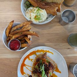 Avocado Toast with Chili Oil + Fried Potatoes + Pork Belly and Eggs