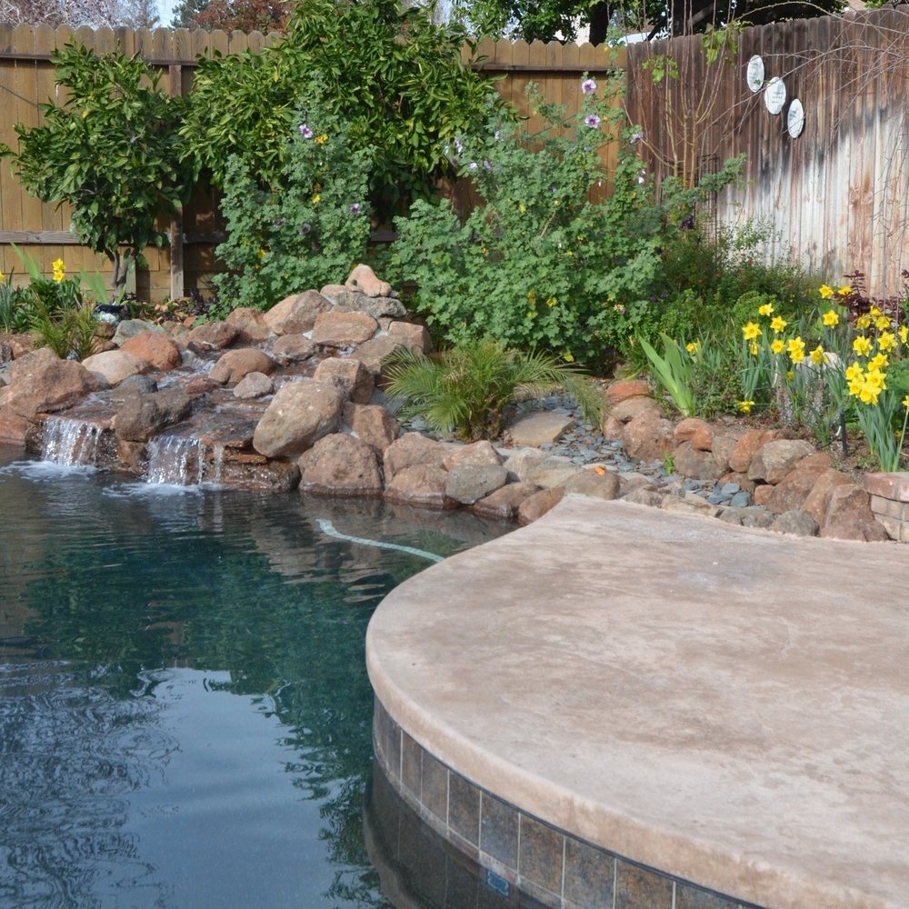 Agua Fina Pools - Waterfall and bench - Swimming Pools Near Me - Orland, California Agua Fina Pools - Waterfall and bench - Swimming Pools Near Me - Orland, California
