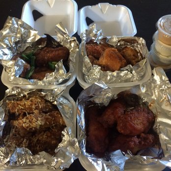 SoCal Wings - Clockwise from upper left: house special, smoky BBQ, spicy BBQ and garlic Parmesan - Chicken Wings Near Me - Westminster, California SoCal Wings - Clockwise from upper left: house special, smoky BBQ, spicy BBQ and garlic Parmesan - Chicken Wings Near Me - Westminster, California