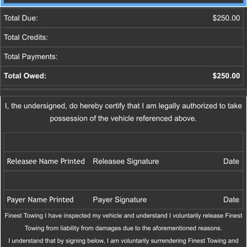 Finest Towing - Receipt - unsigned. Did NOT do any vehicle inspection. - Towing Near Me - Kapolei, Hawaii