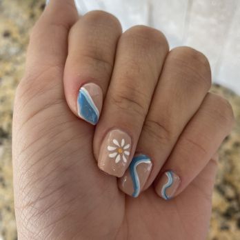 Gossip & Co Nail Spa - On this hand she missed some blue nail polish on the sides of my pointer finger. And the flower looks nothing like the picture i showed. - Nail Salons Near Me - Cypress, Texas Gossip & Co Nail Spa - On this hand she missed some blue nail polish on the sides of my pointer finger. And the flower looks nothing like the picture i showed. - Nail Salons Near Me - Cypress, Texas