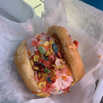 TeeJay's Sweet Tooth - Strawberry ice cream with fruity pebbles on donut! - Desserts Near Me - Indianapolis, Indiana TeeJay's Sweet Tooth - Strawberry ice cream with fruity pebbles on donut! - Desserts Near Me - Indianapolis, Indiana