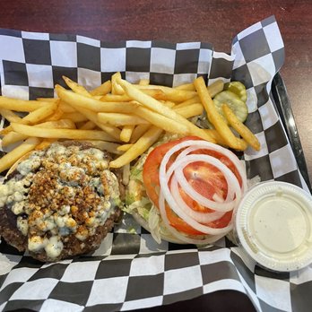 Lollygaggers - Black and Blue Burger. Good but needed Blue cheese dressing too - Sports Bars Near Me - Wildwood, Florida Lollygaggers - Black and Blue Burger. Good but needed Blue cheese dressing too - Sports Bars Near Me - Wildwood, Florida