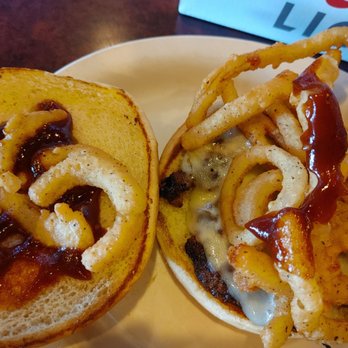 Champions Grille - burger open-faced with barbeque sauce and onion straws - Beer, Wine & Spirits Near Me - Cincinnati, Ohio