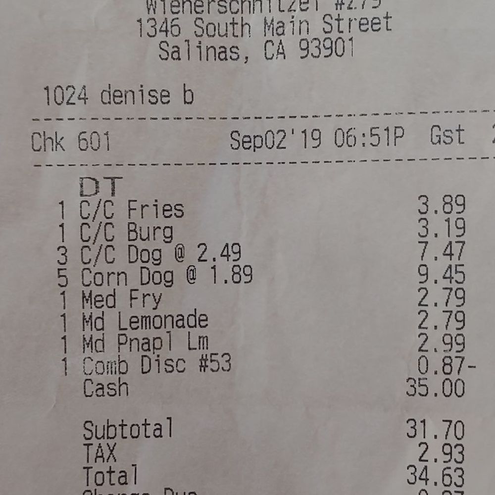 My receipt. I told her 2 corndogs, charged for 5 Med fry is charged separate(which I told her the combo) Not sure what a 1 Comb Disc #53 is My receipt. I told her 2 corndogs, charged for 5 Med fry is charged separate(which I told her the combo) Not sure what a 1 Comb Disc #53 is