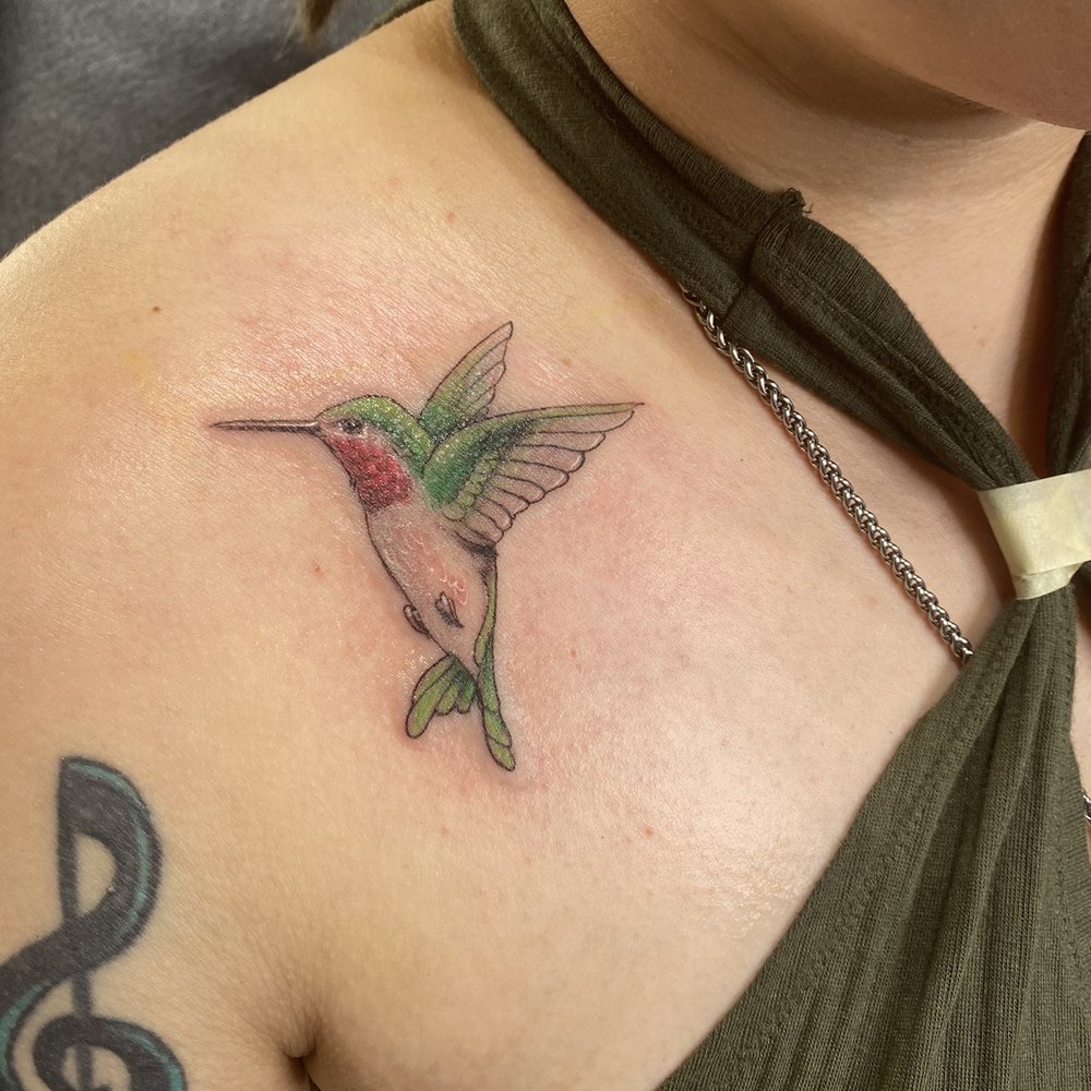 Euphoria - Red/pink/green hummingbird (the one that my grandpa used to watch before he passed)  Right chest/shoulder. - Tattoo Near Me - Tallahassee, Florida