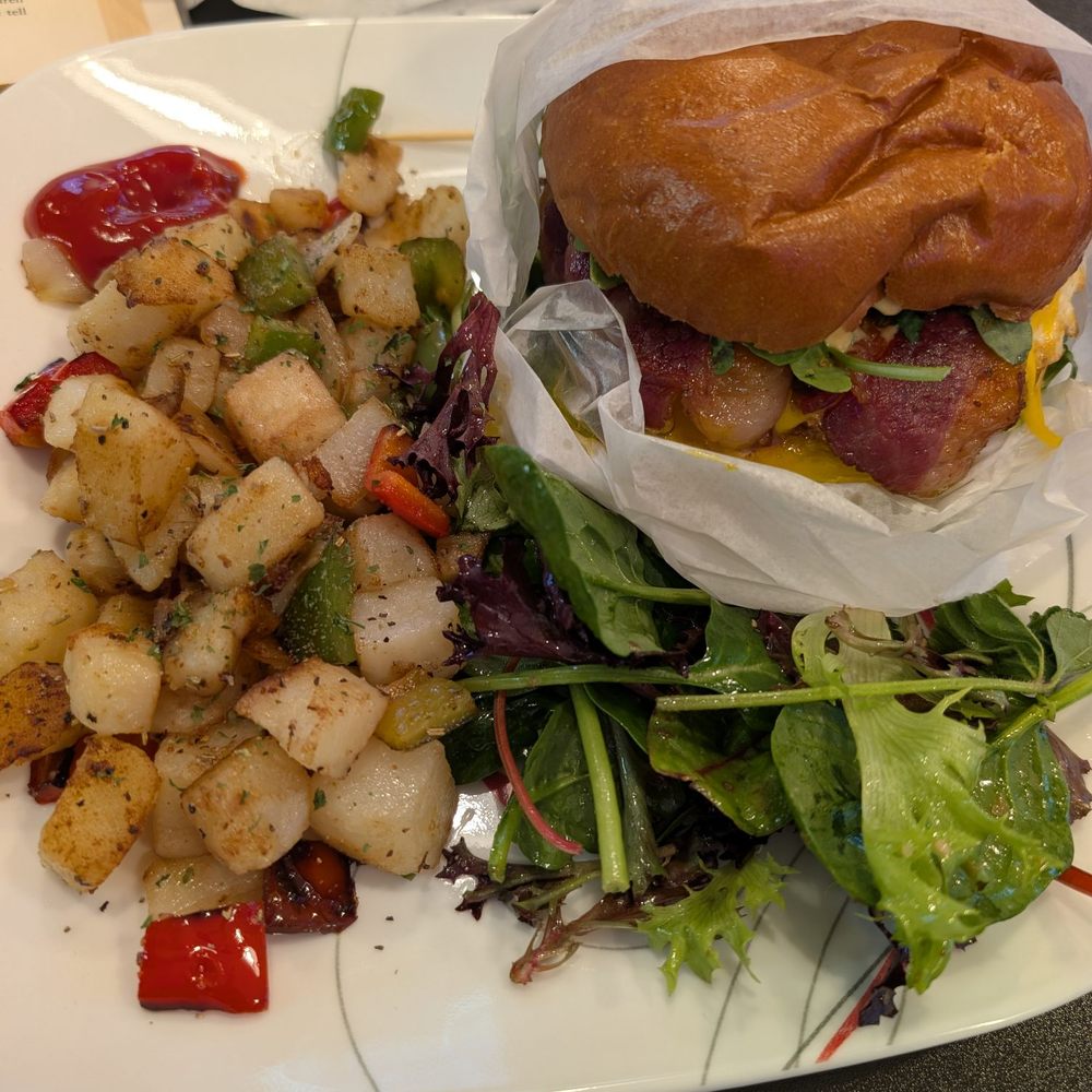 Griddle And Rice - Super Sammy with hash browns and salad - Breakfast & Brunch Near Me - Philadelphia, Pennsylvania Griddle And Rice - Super Sammy with hash browns and salad - Breakfast & Brunch Near Me - Philadelphia, Pennsylvania