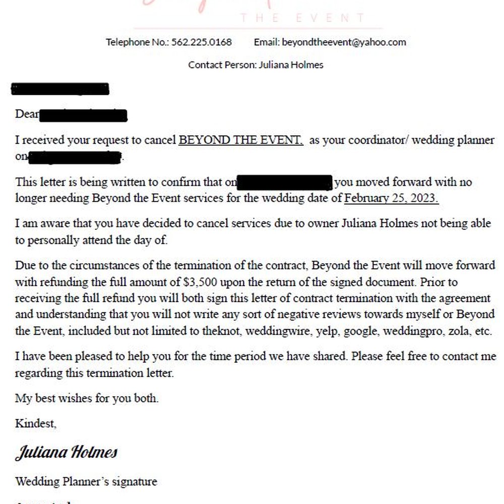 Juliana tried to pin the contract cancellation on us when she was the one who broke her contract first by pulling out of the wedding 5 days Juliana tried to pin the contract cancellation on us when she was the one who broke her contract first by pulling out of the wedding 5 days