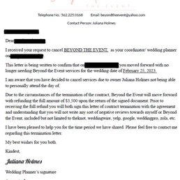 Juliana tried to pin the contract cancellation on us when she was the one who broke her contract first by pulling out of the wedding 5 days