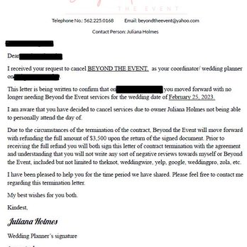 Beyond the Event - Juliana tried to pin the contract cancellation on us when she was the one who broke her contract first by pulling out of the wedding 5 days - Party & Event Planning Near Me