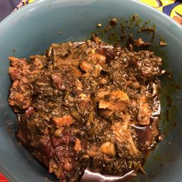 Kamara's African Restaurant - Potato leaves soup with red palm oil, turkey and dried fish - food, potatoes, potato, potato leaves, leaves - African Near Me - Rochester, New York