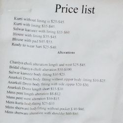 Alankar Tailor - Estimate of prices for some of the services they provide.