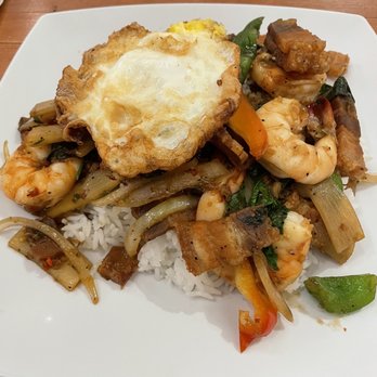 Mine Eathai - Crispy Pork, BBQ Pork, and Shrimp over Rice - Thai Near Me - Stanton, California