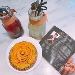 Passion By Gérard Dubois - Left is black current and tight is pear Williams. Dessert is peach danish
